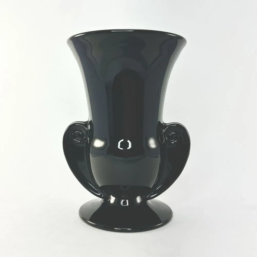 Fostoria Sakier Ebony Black Glass Urn Vase #2467 Scroll Handles 7” 1930s